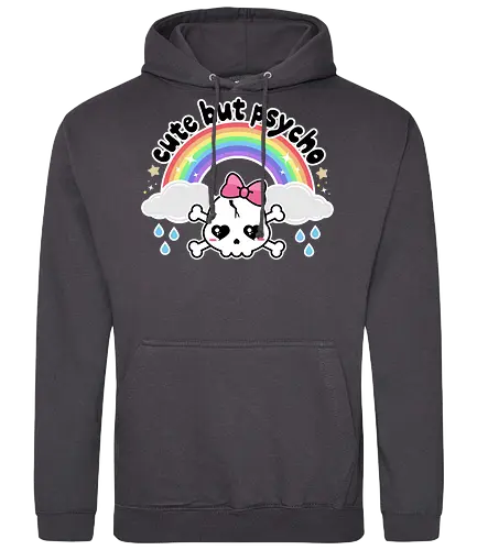Cute But Psycho - cute but psycho, kawaii skull, rainbow, rain, kawaii rainbow, pastel goth, spooky cute, creepy cute, bow, girly skull - Standard Hoodie