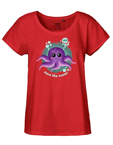 Save The Ocean  - Save The Ocean, octopus, kawaii, kawaii octopus, purple octopus, skull, cute, creepy cute, kawaii goth, pastel goth, ocean life, summer - Fairtrade Girl Shirt