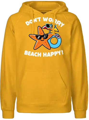 Don't Worry, Beach Happy - starfish, sunglasses, beach, floatie, humor, summer, vacation, cartoon, playful - Fairtrade Hoodie