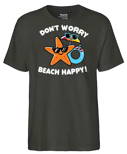 Don't Worry, Beach Happy - starfish, sunglasses, beach, floatie, humor, summer, vacation, cartoon, playful - Fairtrade T-Shirt
