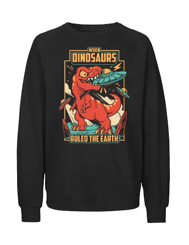 Jurassic Contact - dinosaur, t rex, ufo, aliens, dinos, nostalgia, prehistoric, sci fi, science fiction, tyrannosaurus, vintage, funny, extraterrestrial, monster, angry - Fairtrade Sweatshirt