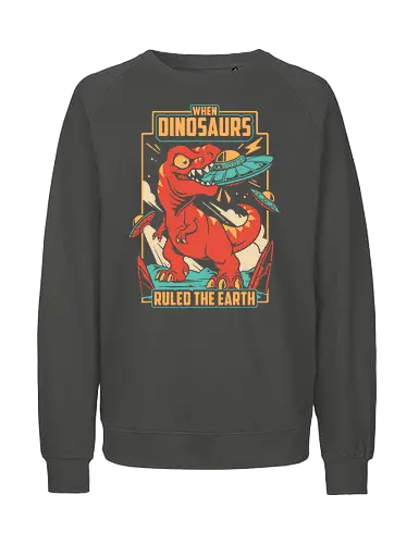 Jurassic Contact - dinosaur, t rex, ufo, aliens, dinos, nostalgia, prehistoric, sci fi, science fiction, tyrannosaurus, vintage, funny, extraterrestrial, monster, angry - Fairtrade Sweatshirt