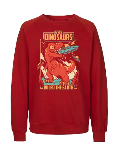 Jurassic Contact - dinosaur, t rex, ufo, aliens, dinos, nostalgia, prehistoric, sci fi, science fiction, tyrannosaurus, vintage, funny, extraterrestrial, monster, angry - Fairtrade Sweatshirt