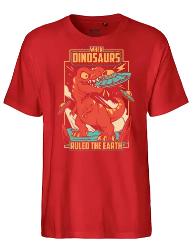 Jurassic Contact - dinosaur, t rex, ufo, aliens, dinos, nostalgia, prehistoric, sci fi, science fiction, tyrannosaurus, vintage, funny, extraterrestrial, monster, angry - Fairtrade T-Shirt