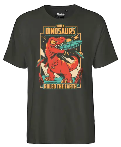 Jurassic Contact - dinosaur, t rex, ufo, aliens, dinos, nostalgia, prehistoric, sci fi, science fiction, tyrannosaurus, vintage, funny, extraterrestrial, monster, angry - Fairtrade T-Shirt
