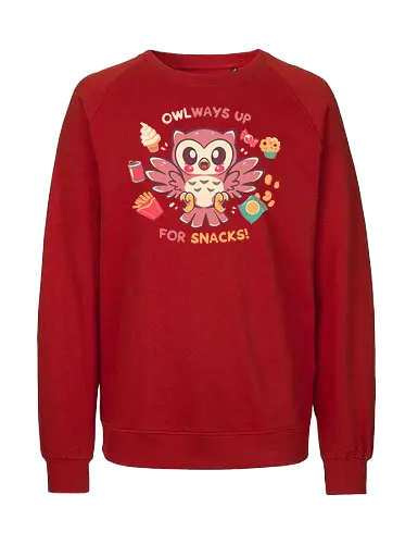 OWLways up for Snacks - owl, owl lover, funny snack, love snacks, foodie, cute food, cute owl, nature pun, eating, eat, snackies, sweet tooth, owl pun, dessert, cute bird, Eule, Eulenliebhaber, lustiger Snack, liebe Snacks - Fairtrade Sweatshirt