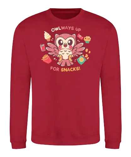 OWLways up for Snacks - owl, owl lover, funny snack, love snacks, foodie, cute food, cute owl, nature pun, eating, eat, snackies, sweet tooth, owl pun, dessert, cute bird, Eule, Eulenliebhaber, lustiger Snack, liebe Snacks - Sweatshirt
