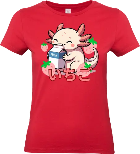 cute axolotl - axolotl, milk, strawberries, kawaii, japanese, cute, character, cartoon, sweet, playful - Standard T-Shirt (Frauen)