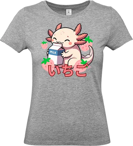 cute axolotl - axolotl, milk, strawberries, kawaii, japanese, cute, character, cartoon, sweet, playful - Standard T-Shirt (Frauen)