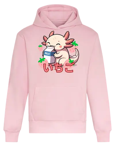 cute axolotl - axolotl, milk, strawberries, kawaii, japanese, cute, character, cartoon, sweet, playful - Heavyweight Hoodie