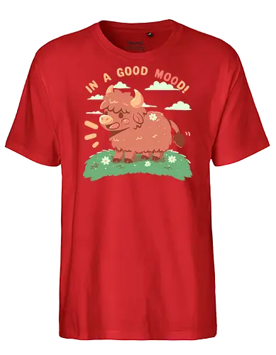 In a good MOOd - cow, happy, cute animal, highland cow, funny, good mood, kawaii, wholesome, cute cow, happy highland cow, brown cow, Scotland, Scottish, soft colours, soft art style, Kuh, glücklich, niedliches Tier, Hochlandkuh, lustig, gute Laune, gesund, niedliche Kuh, glückliche Hochlandkuh, braune Kuh, Schottland, schottisch, weiche Farben, weicher Kunststil - Fairtrade T-Shirt
