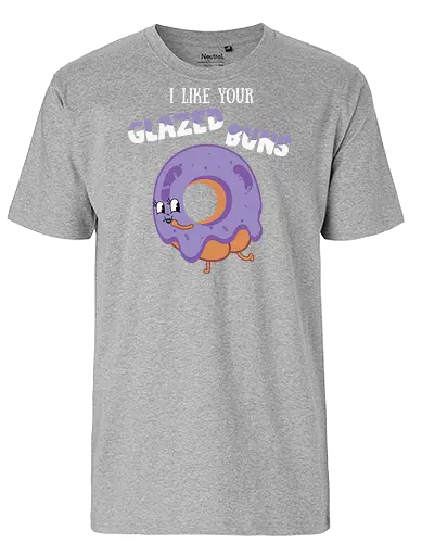 I Like Your Glazed Buns - donut, cartoon, purple, icing, humor, playful, text, character, funny, whimsical - Fairtrade T-Shirt