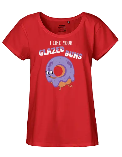 I Like Your Glazed Buns - donut, cartoon, purple, icing, humor, playful, text, character, funny, whimsical - Fairtrade Girl Shirt