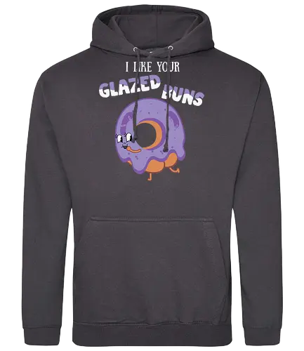 I Like Your Glazed Buns - donut, cartoon, purple, icing, humor, playful, text, character, funny, whimsical - Standard Hoodie