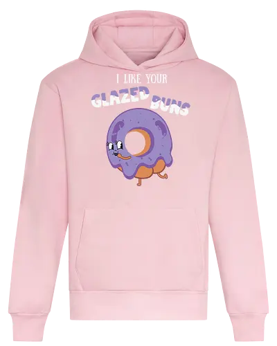 I Like Your Glazed Buns - donut, cartoon, purple, icing, humor, playful, text, character, funny, whimsical - Heavyweight Hoodie