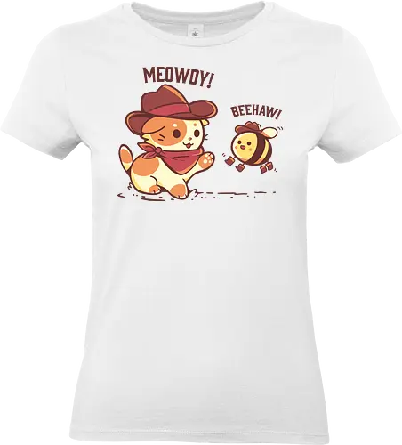 Meowdy and Beehaw - meowdy partner, funny cowboy, cowboy cat, yeehaw, cat, meme, bee, beehaw, meowdy, howdy, funny, pawtner, partner, rootin tootin, friend, Miau-Partner, lustiger Cowboy, Cowboy-Katze, Katze, Meme, Biene, Miau, lustig, Freund - Standard T-Shirt (Frauen)
