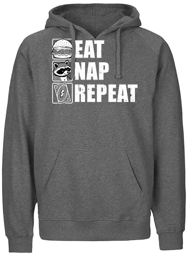 Eat Nap Repeat - Eat, Eating, Food, Fast Food, Fast-food, Street Food, Repeat, Nap, Napping, Nappy, Sleepy, Sleep, Sleeping, Meme, Internet, Pets, Pet, Comfy, Raccoon, Burger, Cheeseburger, Card Game, Pizza - Fairtrade Hoodie