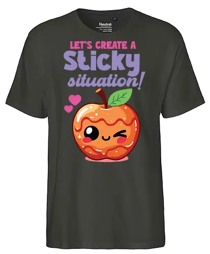 Let's create a sticky situation! - caramel apple, winking, hearts, playful, cute, cartoon, text, fun - Fairtrade T-Shirt