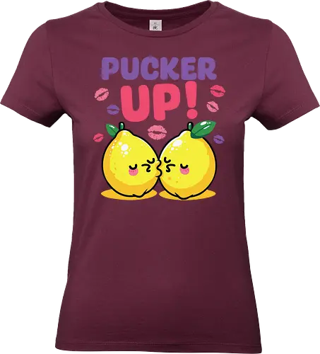 PUCKER UP! - lemons, cartoon, cute, kissing, text, playful, colorful, lipstick marks, kawaii, bold letters - Standard T-Shirt (Frauen)