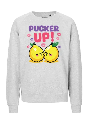 PUCKER UP! - lemons, cartoon, cute, kissing, text, playful, colorful, lipstick marks, kawaii, bold letters - Fairtrade Sweatshirt