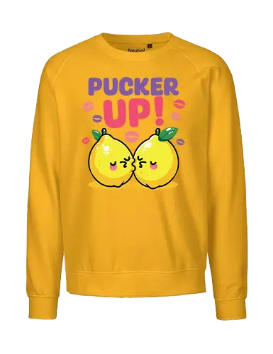 PUCKER UP! - lemons, cartoon, cute, kissing, text, playful, colorful, lipstick marks, kawaii, bold letters - Fairtrade Sweatshirt