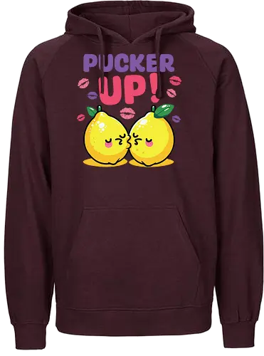 PUCKER UP! - lemons, cartoon, cute, kissing, text, playful, colorful, lipstick marks, kawaii, bold letters - Fairtrade Hoodie