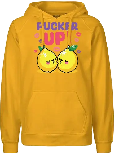 PUCKER UP! - lemons, cartoon, cute, kissing, text, playful, colorful, lipstick marks, kawaii, bold letters - Fairtrade Hoodie