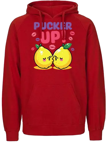 PUCKER UP! - lemons, cartoon, cute, kissing, text, playful, colorful, lipstick marks, kawaii, bold letters - Fairtrade Hoodie