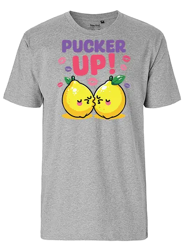 PUCKER UP! - lemons, cartoon, cute, kissing, text, playful, colorful, lipstick marks, kawaii, bold letters - Fairtrade T-Shirt