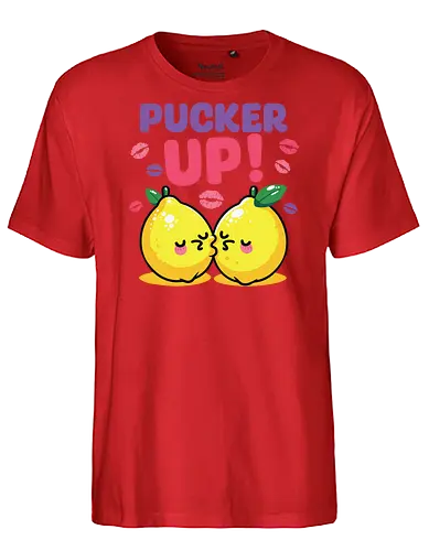 PUCKER UP! - lemons, cartoon, cute, kissing, text, playful, colorful, lipstick marks, kawaii, bold letters - Fairtrade T-Shirt