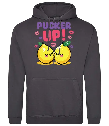 PUCKER UP! - lemons, cartoon, cute, kissing, text, playful, colorful, lipstick marks, kawaii, bold letters - Standard Hoodie