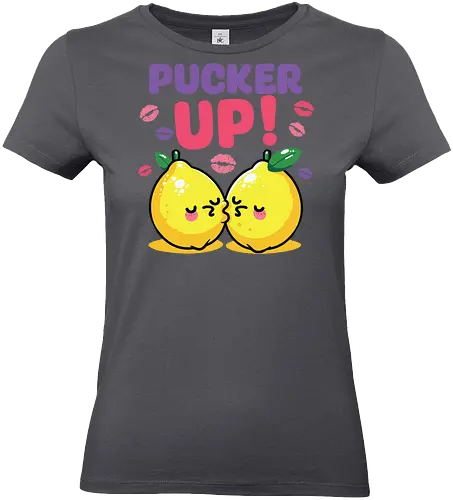 PUCKER UP! - lemons, cartoon, cute, kissing, text, playful, colorful, lipstick marks, kawaii, bold letters - Standard T-Shirt (Frauen)