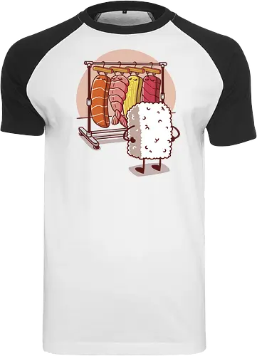 Sushi Wardrobe v2 - sushi, cute food, cute sushi, food, i love sushi, japan, japanese, kawaii, kawaii food, kawaii sushi, nigiri, sushi food, sushi lover, wardrobe - Raglan T-Shirt