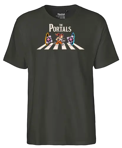 The Portals - games, Gateway, glados, portals, abbey road, beatles, humor, gamming, road, PC, gamer - Fairtrade T-Shirt