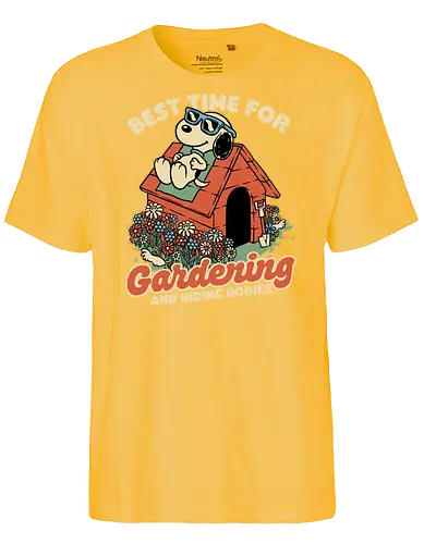 Beagle Body Garden - cute, funny, fun, awesome, spring, summer, garden, flowers, pets, allergy, classic, retro, vintage, comic, comics, beagle, dog, sun, kill, killer, assassin, serial killer, joke, gardening, garden, body, bodies - Fairtrade T-Shirt