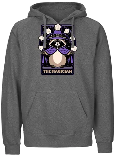 Raccoon RPG Wizard - rpg, Pen and Paper, d20, Pen and paper, dungeon master, role-playing game, tabletop, game master, Role-play, Role-playing, Roleplay Game, Pen and Paper, Dungeon, Fantasy, Adventure, Mythical, Creature, Wizard, Sorcerer, Sorcery, Mage, Dark Mage, Magical, The Magician, Magician, Tarot Card, Tarot, Dice, Raccoons, Raccoon - Fairtrade Hoodie