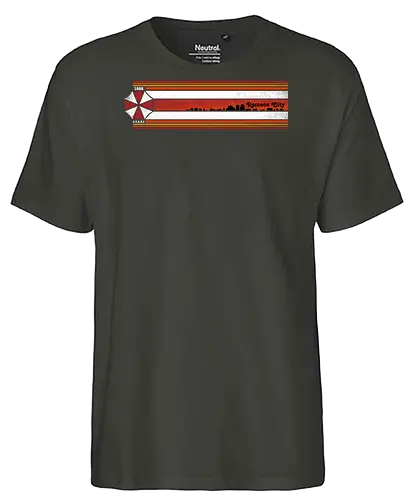 Raccoon City Stripes - Raccoon City, Horror, retro stripes, retro gaming, re2, umbrella corp, 1998, stars - Fairtrade T-Shirt