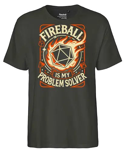 Fireball Is My Problem Solver - d20 dice, fireball, critical hit, dice roll, roleplayer, rpg gamer, Pen and Paper, fantasy, magic spell, tabletop gaming, magical, dm, geek, dungeon master, retro - Fairtrade T-Shirt