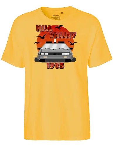 Hill Valley California 1985 Vintage Art - Future, delorean, doc brown, funny pop, funny quote, geek, hill valley, joke, marty mcfly, meme, memes, nerd, parody, time travel, vintage - Fairtrade T-Shirt