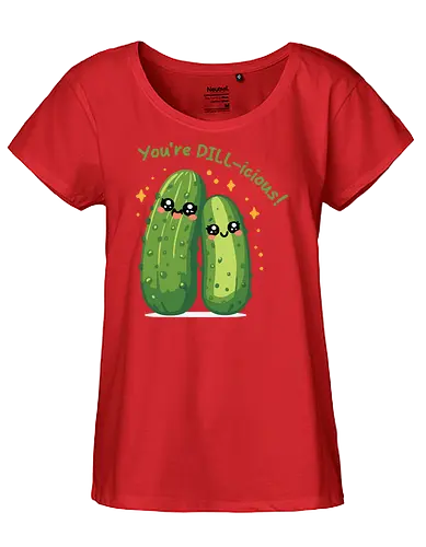You're DILL-icious - kawaii, cucumbers, cute, cartoon, playful, text, green, expressive, fun, illustration - Fairtrade Girl Shirt