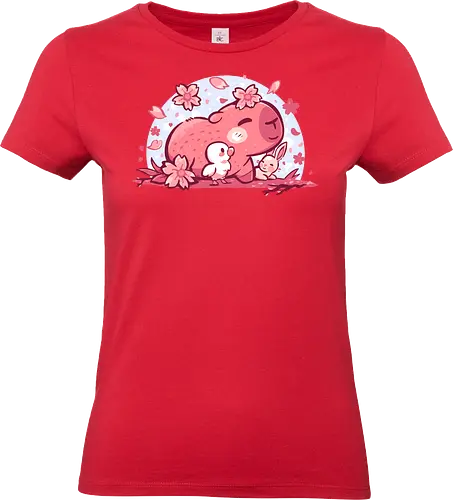 Pink Spring Friends - Capybara, niedliches Tier, Frühlingsblüte, gemütlich, Kawaii Capybara, Kirschblütenästhetik, Pastelltier, niedliches Capybara, wohltuend, weich, Naturfreund, entspannendes Tier, Capybara und Freunde, pastell, Hase - Standard T-Shirt (Frauen)