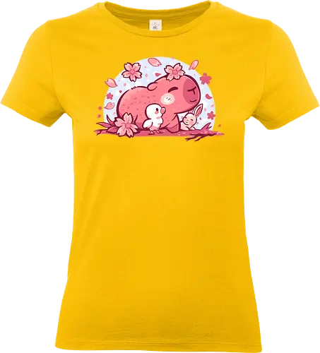 Pink Spring Friends - Capybara, niedliches Tier, Frühlingsblüte, gemütlich, Kawaii Capybara, Kirschblütenästhetik, Pastelltier, niedliches Capybara, wohltuend, weich, Naturfreund, entspannendes Tier, Capybara und Freunde, pastell, Hase - Standard T-Shirt (Frauen)