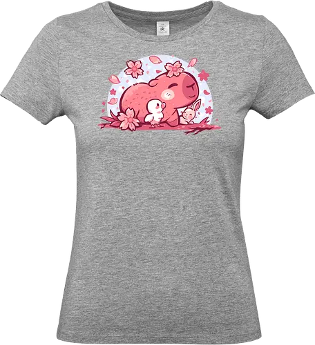 Pink Spring Friends - Capybara, niedliches Tier, Frühlingsblüte, gemütlich, Kawaii Capybara, Kirschblütenästhetik, Pastelltier, niedliches Capybara, wohltuend, weich, Naturfreund, entspannendes Tier, Capybara und Freunde, pastell, Hase - Standard T-Shirt (Frauen)