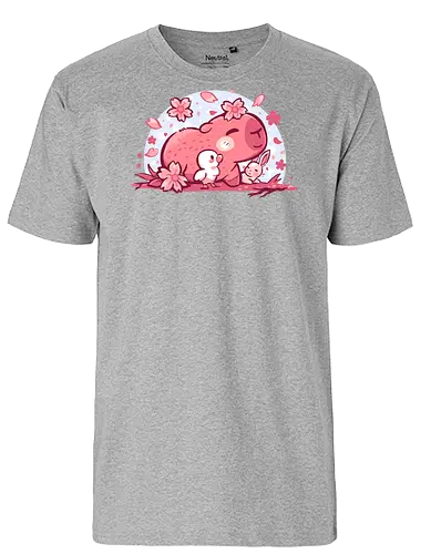 Pink Spring Friends - Capybara, niedliches Tier, Frühlingsblüte, gemütlich, Kawaii Capybara, Kirschblütenästhetik, Pastelltier, niedliches Capybara, wohltuend, weich, Naturfreund, entspannendes Tier, Capybara und Freunde, pastell, Hase - Fairtrade T-Shirt