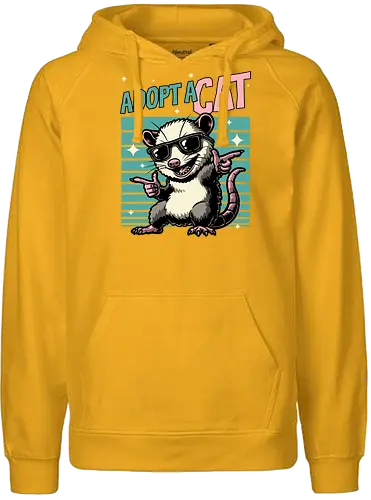 Possum Adopt a Cat - possum, cat, pet, retro, vintage, quote, lettering, fun, funny, sarcasm, irony, cool, cute, sunglasses, retro - Fairtrade Hoodie