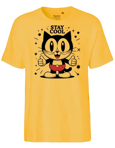 Stay Cool - nostalgia, funny cat, vintage style, 1920s cartoon, rubber hose, cute cat, aesthetic, retro vibes, feline, cat, retro cat, vintage cat, retro cat, cartoon cat, old school, stay cool, cool cat, classic cartoon, happy cat, positive vibes, stylish cat, happy vibes, fun design, old-school cartoon, adorable, feel good, funny art, cat lover, classic animation - Fairtrade T-Shirt