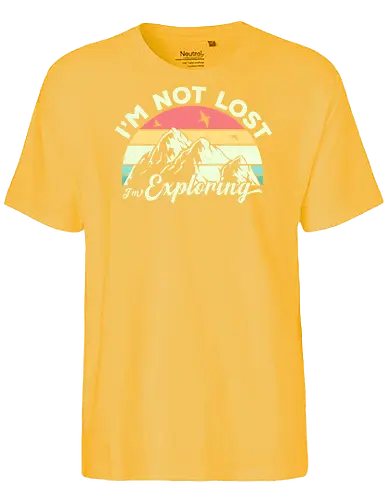 I'm not lost, I'm exploring. - mountain, exploring, adventure, retro, sunset, nature, birds, typography, colorful - Fairtrade T-Shirt
