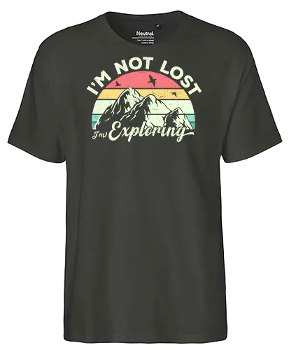 I'm not lost, I'm exploring. - mountain, exploring, adventure, retro, sunset, nature, birds, typography, colorful - Fairtrade T-Shirt