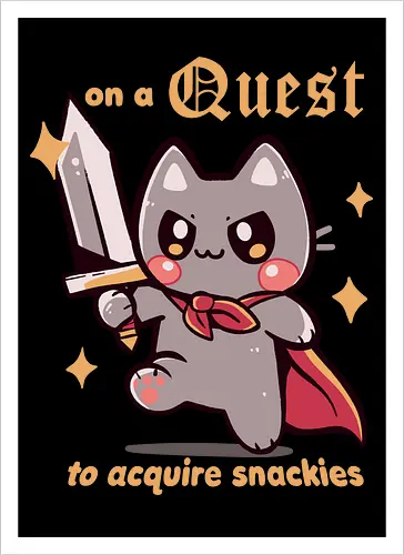 On a Quest to acquire snackies - Katze, rpg Katze, Fantasy-Katze, kawaii Abenteuer, cat, snacks, snackies, snacking, rpg cat, fantasy cat, kawaii adventure, funny cat, meme, food, medieval, sword, eating, foodie - Kunstdruck