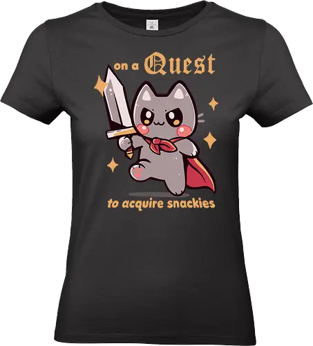 On a Quest to acquire snackies - Katze, rpg Katze, Fantasy-Katze, kawaii Abenteuer, cat, snacks, snackies, snacking, rpg cat, fantasy cat, kawaii adventure, funny cat, meme, food, medieval, sword, eating, foodie - Standard T-Shirt (Frauen)